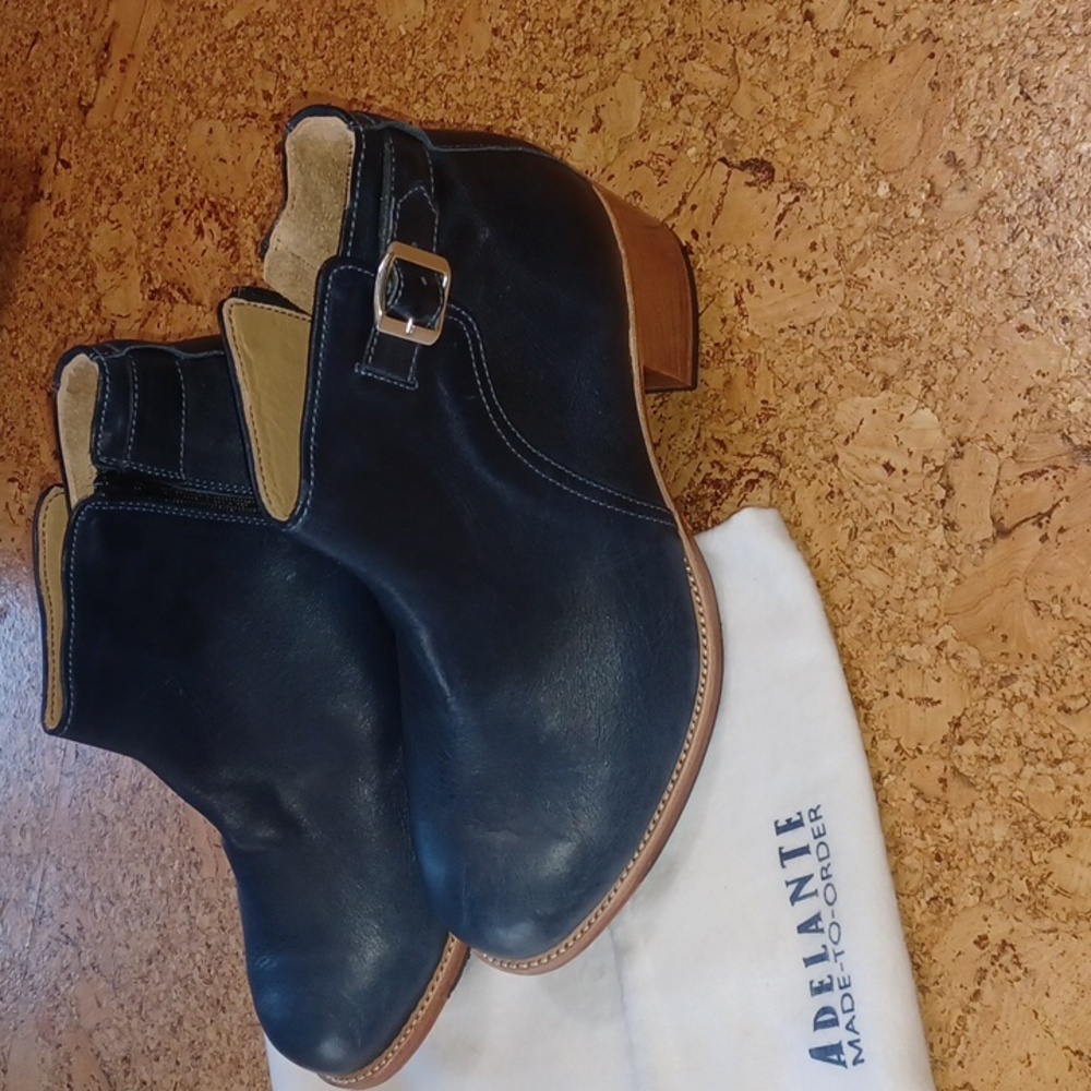 Adelante Made To Order Women's The Carmen Blue Leather Buckle Ankle Boots 9EE